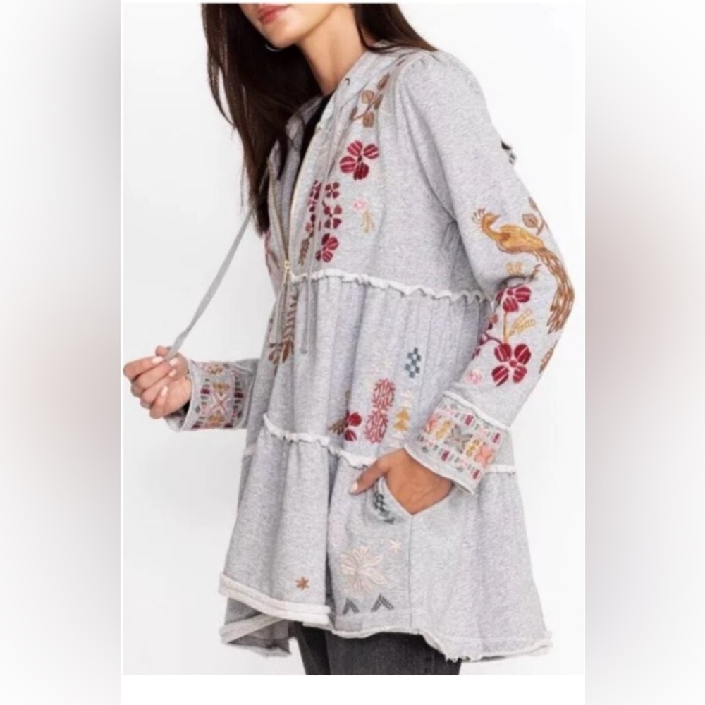 Johnny Was Embroidered Tiered Hoodie SIZE L